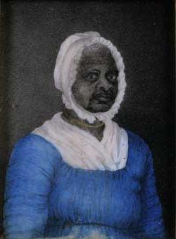 <p>Painted portrait of a middle aged Black woman, 她穿着一件蓝色的连衣裙，领口系着一条白色的围巾, 白帽子, 项圈上戴着一条金串珠项链.</p>