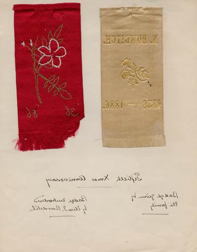 Ribbon badges (two) relating to the fiftieth Bowditch family Christmas celebrations, 1886 