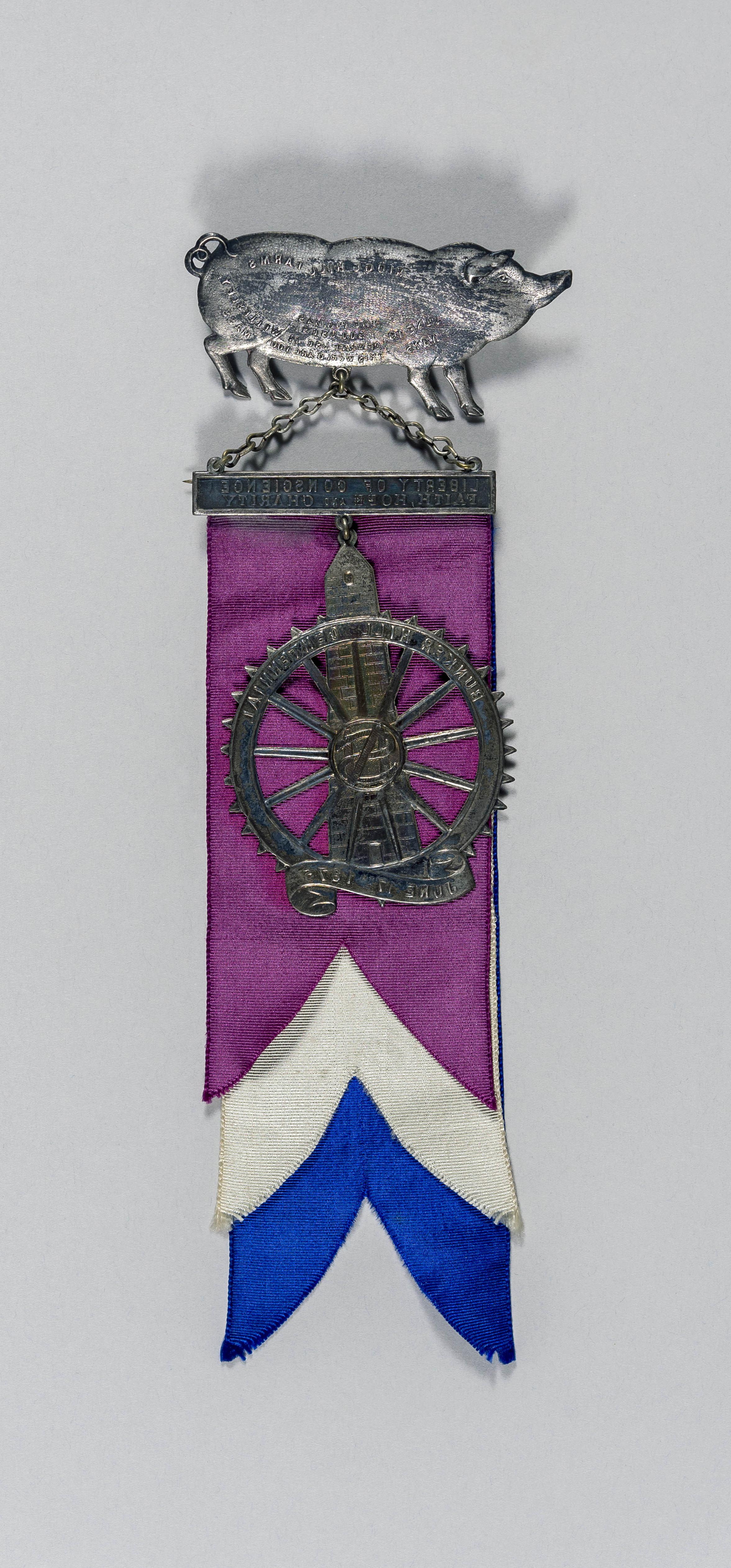 Bunker Hill centennial badge White metal, grosgrain ribbon
