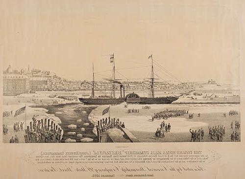 The Cunard Royal Mail Steamship `Britannia` (John Hewitt, Commander) : As she appeared leaving her Dock at East Boston February 3d 1844 bound from Boston To Liverpool ... Lithograph