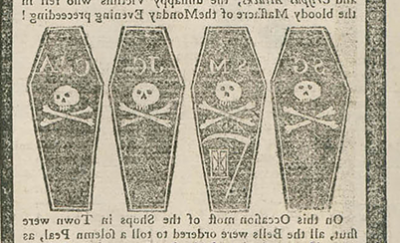 报纸专栏，用黑线框起来，画着三口棺材，中间是死者姓名的首字母缩写