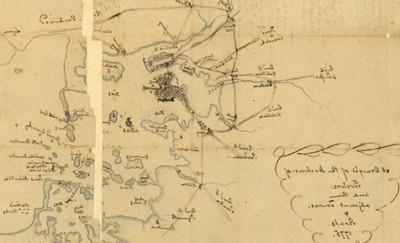 波士顿、波士顿港及周边城镇的手绘地图. 用钢笔和墨水写生.