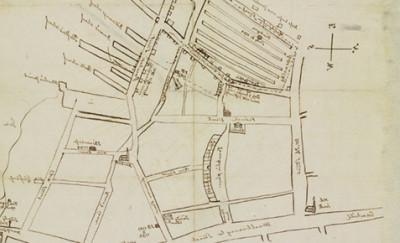 一幅用墨水绘制的手绘地图，显示了波士顿街道的特写