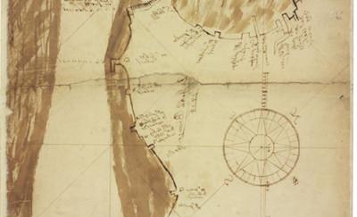 波士顿长码头手绘地图，用钢笔和墨水绘制，带有草书标签